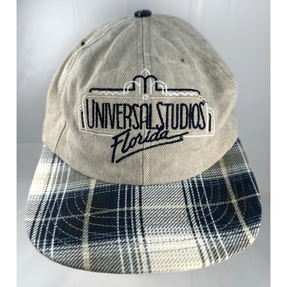 Vintage 1989 Snapback Hat Universal Studios Florida Park Plaid Cap USA Made 80s
